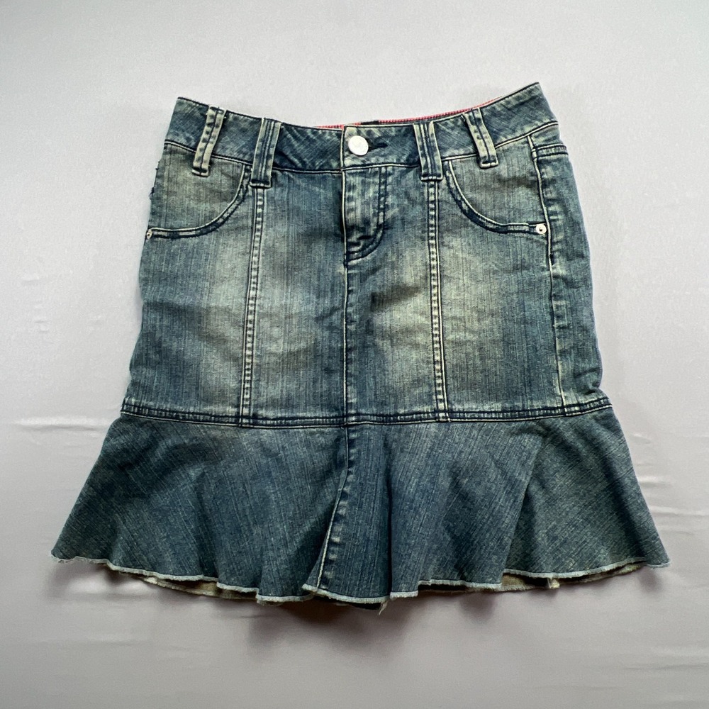 Dkny Jeans Mini Skirt Womens 2P Blue Denim Cotton Stretch Zip Fly Flounce Hem